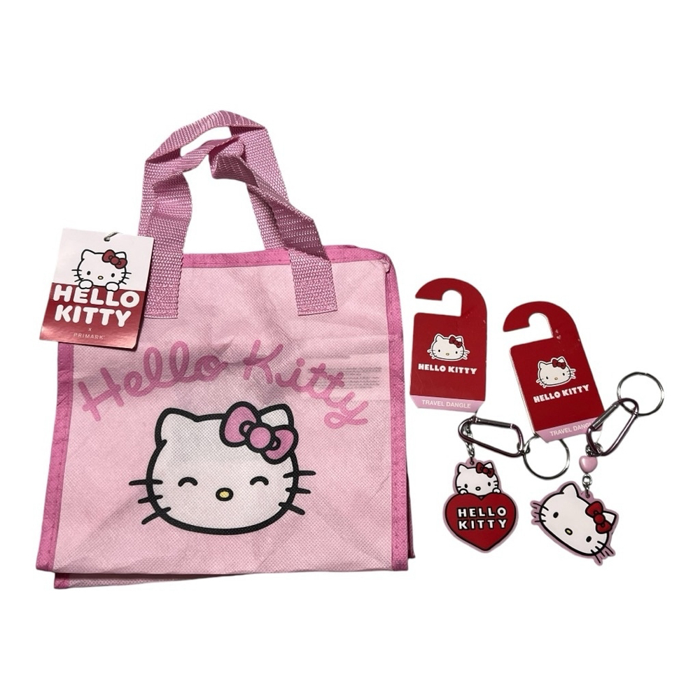Hello Kitty Zip Top Reusable Lunch Tote Bag & 2 HK Bag Charms Key Chains Bundle